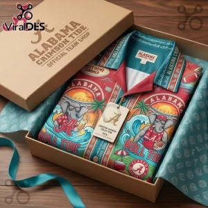 Alabama Crimson Tide button up shirt featuring elephant illustrations, sunset, and palm trees in a branded gift box!