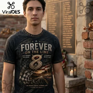 Vintage black graphic tee with Forever On The Line text, number 8, checkered flag, and Las Vegas skyline art!