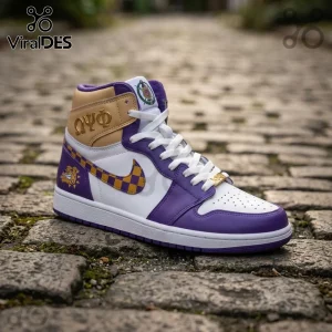 High top sneaker in purple white and gold with Omega Psi Phi Greek letters and bulldog mascot logo on leather upper!