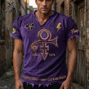 Distressed purple t-shirt with gold Prince symbol, 'SINCE. 1978', 'Prince', lightning bolt, 'PURPLE RAIN • 1999 • LET'S GO CRAZY' text!