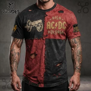 Black red distressed grunge AC/DC shirt! Gold HIGH AC/DC VOLTAGE text, cannon graphic, lightning bolt, HELLS BELLS patch!