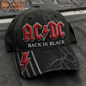 Black baseball cap with embroidered red ACDC logo and white BACK IN BLACK text plus lightning bolt detail on bill!