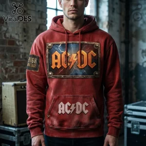 Red distressed hoodie, retro heavy metal AC/DC logo lightning graphic, 'HIGH VOLTAGE' sleeve patch, AC/DC pocket text!