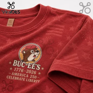 Red Buc-ees shirt with 1776-2026 America 250 graphic featuring a beaver icon with stars and stripes pattern!