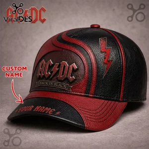 Black and red faux leather AC/DC baseball cap with lightning bolt logos! Text
