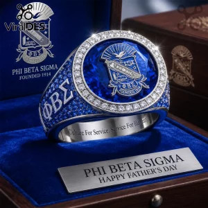 Phi Beta Sigma fraternity ring with blue stone, diamond halo, and engraved text in a wooden display box!