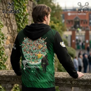 Black and green Celtic FC hoodie with 2023-2024 champions team photo and trophy graphics on the back!