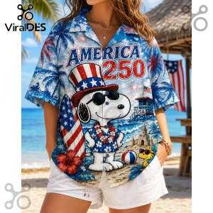 Button up beach shirt featuring Snoopy wearing a USA top hat with America 250 text and tropical beach fireworks print!