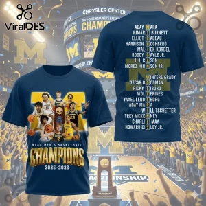 Navy blue Michigan Wolverines NCAA basketball champions t-shirt with team photo and roster list in gold lettering!