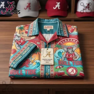 Alabama Crimson Tide Hawaiian shirt with elephant mascot, football icons, and tropical patterns in red, white, and teal!