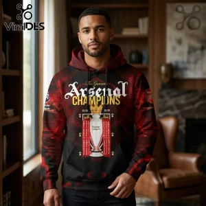 Red and black Arsenal Champions 25/26 hoodie featuring a gold trophy graphic and white typography!