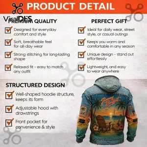 Blue distressed denim look hoodie with tropical sunset beach scene, palm trees, chair, guitar, and