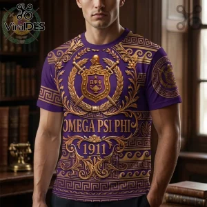 Purple and gold Omega Psi Phi t-shirt with Greek key patterns crest symbols and the text Omega Psi Phi 1911!