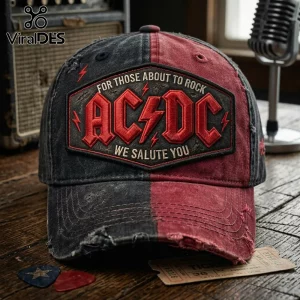 Distressed black and red split baseball cap with AC DC For Those About To Rock We Salute You patch and lightning bolt logo!