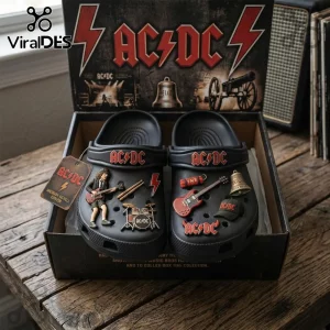 Black AC/DC Crocs with red lightning bolt logos, Angus Young, drum set, guitar, 
