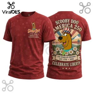 Red Scooby-Doo graphic t-shirt with Uncle Sam hat and America 250 text for Independence Day!