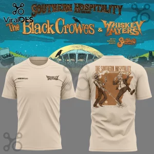 Tan crew neck t-shirt with The Black Crowes and Whiskey Myers Southern Hospitality tour graphic print on back!