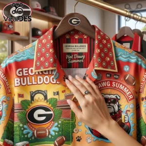 Button up shirt featuring Georgia Bulldogs graphics, red and yellow colors, bulldog mascot wearing sunglasses, and footballs.!
