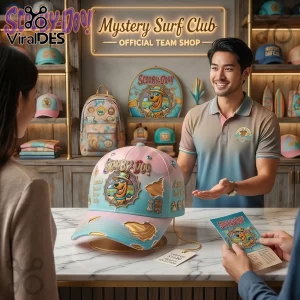 Pastel blue and pink Scooby-Doo cap with distressed gold accents and detective dog graphic in a surf shop setting!