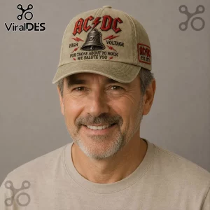 Khaki distressed AC/DC cap with red lightning bolts, bell graphic! Text