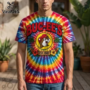 Multicolor tie dye t-shirt featuring Bug-ee's logo with beaver mascot, palm trees, and text EST 1982!