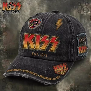KISS Band Vintage Distressed Patches Est. 1973 Black Denim Baseball Cap KISS Band Vintage Distressed Patches Est. 1973 Black Denim Baseball Cap