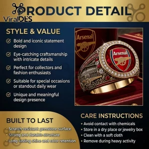 Ornate gold Arsenal ring, red enamel 'Arsenal' cannon logo, 'VICTORIA CONCORDIA CRESCIT' '1886' stadium relief, clear/red gems!