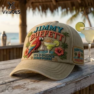 Tan cap with embroidered tropical theme, parrot, margarita, and text Jimmy Buffett It is 5 O Clock Somewhere!