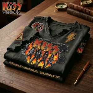 Black KISS band t-shirt with fire graphics and text Detroit Rock City Hotter Than Hell Rock and Roll All Nite!