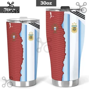 Split design 30oz tumbler featuring Portugal red wave pattern and Argentina blue white stripes with national soccer crests!