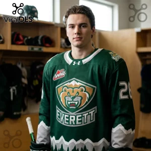 Green hockey jersey featuring a fierce brown bear logo, 