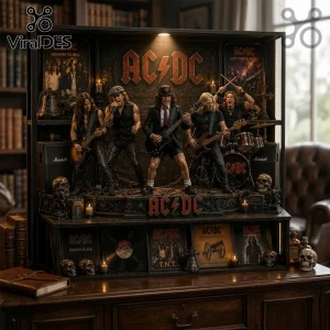 Dark AC/DC band diorama with figures, amps, drums, skulls, candles! Features 'AC/DC', 'Highway to Hell', 'Back in Black' album art!