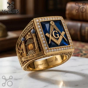 Gold ornate Masonic signet ring, dark blue stone, clear crystals, detailed temple,
