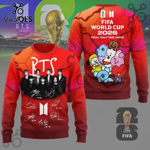 Gradient red and orange BTS FIFA World Cup 2026 sweatshirt featuring group photo, autographs, BT21 characters, and event text!