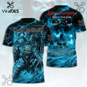 Iron Maiden Run For Your Lives 2026 tour t-shirt with blue Egyptian mummy Eddie graphics and global tour dates listed!