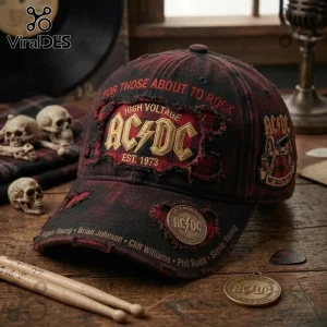 Distressed red and black plaid AC/DC baseball cap with gold logo,