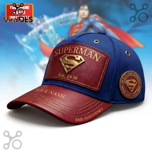 Blue and red baseball cap with leather patches, Superman logo, Est 1938 text, and Man of Steel emblem on side!