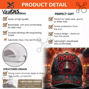 Distressed black baseball cap with AC DC Hells Bells embroidered logo and curved brim on concert stage background!