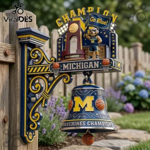 Michigan Wolverines blue and yellow wall bell featuring basketball design and champion mascot graphic!