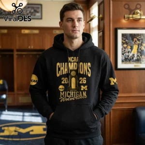 Black hoodie with gold NCAA Champions 2026 Michigan Wolverines trophy graphic design!
