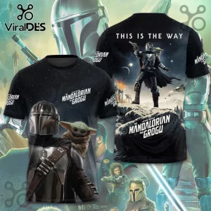 Black all-over print Star Wars Mandalorian and Grogu t-shirt with galactic space graphics and This Is The Way text!