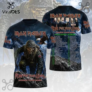 Iron Maiden Run For Your Lives 2026 tour t-shirt with Eddie soldier graphic, blue mountain background and tour dates list!