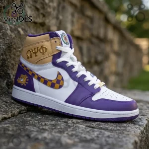 High top sneaker with purple and gold Omega Psi Phi symbols and bulldog logo on white leather base!