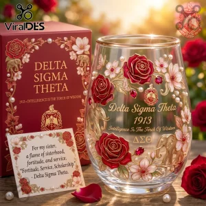 Delta Sigma Theta glass featuring red roses, gold elephants, and crest with text Intelligence Is The Torch Of Wisdom!
