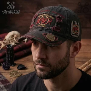 Distressed black Slayer baseball cap with red embroidered logos, metal emblem, and band member names on the brim!