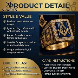 Gold Masonic ring with blue gemstone, square and compass symbol, text Freemasonry, Audi Vide Tace, and custom name engraving!