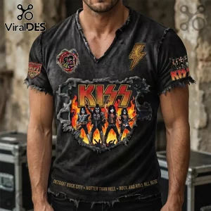 Vintage black distressed v-neck t-shirt featuring KISS band graphics, flames, lightning bolt patch, and rock lyrics text!