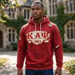 Faded red distressed hoodie with ripped details! Vintage collegiate style text KAΨ 1911 in white and red!