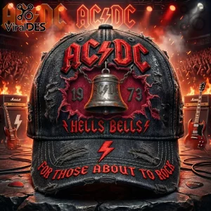 Distressed black baseball cap with AC/DC Hells Bells embroidery, red lettering, lightning bolt, and bell graphic!