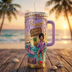 Purple and gold maximalist tumbler! Features cartoon Prince, white bunny,